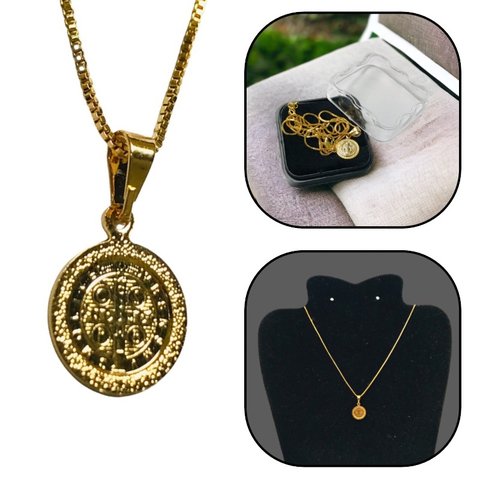 Colar Corrente Medalha de São Bento Aço Inox Dourado Armazém Católico