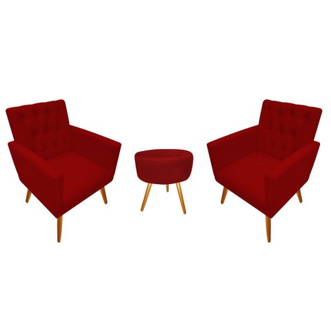Kit 2 Poltronas Decorativa Nina Capitonê + Puff Redondo Suede Vermelho Pés Madeira Mz Decor