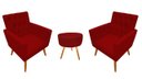 Ver imagem 1 de Kit 2 Poltronas Decorativa Nina Capitonê + Puff Redondo Suede Vermelho Pés Madeira Mz Decor