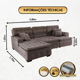 Sofá Orlando 2.80x1.70m com Chaise, Retrátil e Reclinável - Marrom - 3