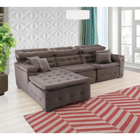 Sofá Orlando 2.80x1.70m com Chaise, Retrátil e Reclinável - Marrom