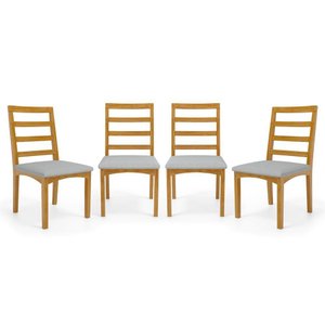 Kit com 4 Cadeiras Cecília Madeira Maciça Assentos Estofados para Mesa de Jantar Linho Cinza 407