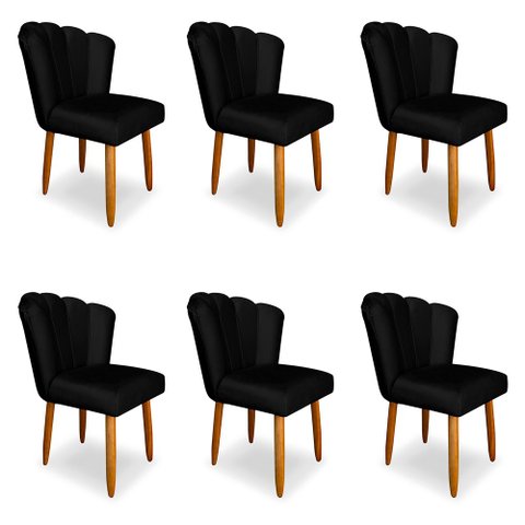 Kit 6 Cadeiras de Jantar Pétala Estofada Pés Palito Veludo Preto - Montanaris Decor