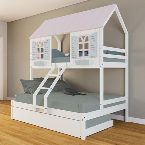 Treliche Casal/ Solteiro Casinha Bela - Madeira Maciça Branco/rosa/verde | Housin