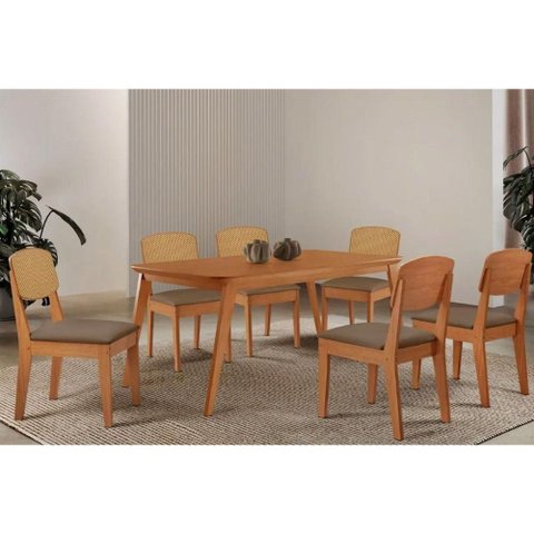 Conjunto: Mesa Sala Jantar Havana Tampo Curvo 180cm+6 Cadeiras Havana Naturale - Suede Capuccino -