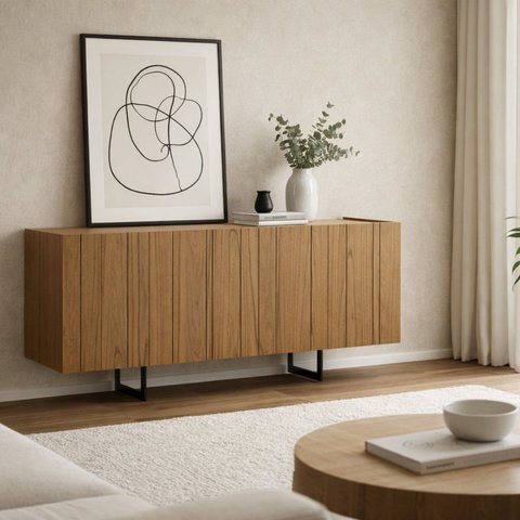 Buffet Aparador 100% MDF 4 Portas Frisado 180cm Pés em Metal Preto Luna
