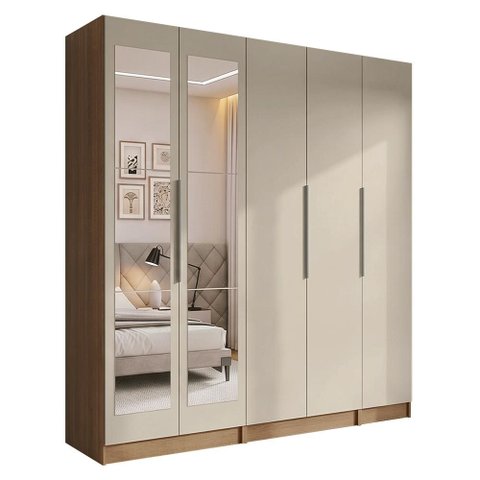 Guarda-Roupa Modulado 200 cm 5 Portas com Espelhos 2 Gavetas Rustic/Crema Neo Madesa 02