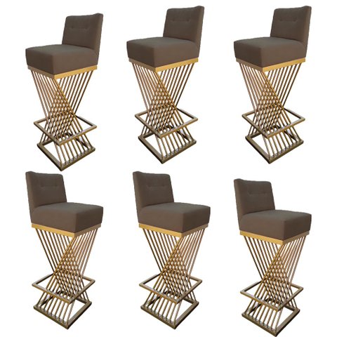 Kit 06 Banquetas Luma Base de Ferro Sued Marrom Rato - D'classe Decor