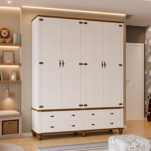 Guarda Roupa Solteiro 4 Portas 4 Gavetas 190cm Provençal Alegra S05 Off White Nogueira - Lyam Decor