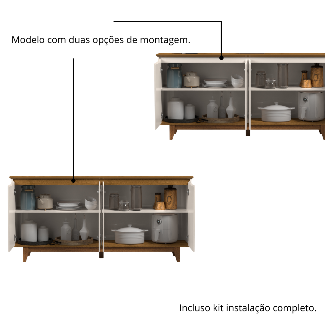 Buffet Aparador Branco / Freijó para Sala de Jantar 4 Portas Pés em Madeira Maciça - 5