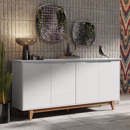 Buffet Aparador Branco / Freijó para Sala de Jantar 4 Portas Pés em Madeira Maciça - 1