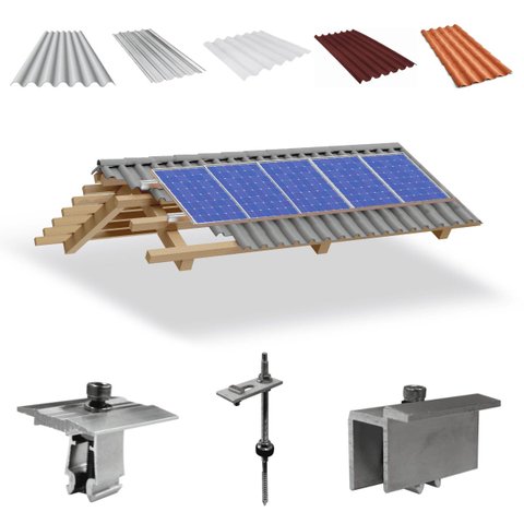 Kit Estrutura Suporte Fixador para 05 Placas Solar Alumínio e Inox Telha Fibro Ondulada em Viga Made