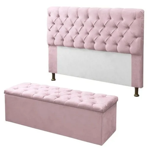 kit Cabeceira E Calçadeira Baú solteiro rosê 0,90 cm Sofia Suede