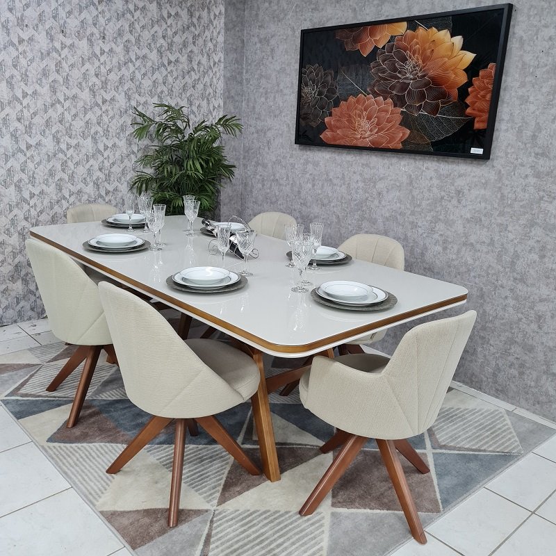 Sala de Jantar Mesa Guiné com 6 Cadeiras Turim Giratórias D'confort Design Linho Cinza R507