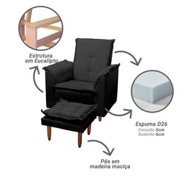 Poltrona Relaxante para Idosos Luna com Puff Suede Preto Liso Tana Decor Newbelle Decor - 3