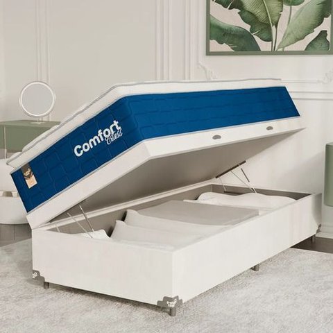 Cama Box Baú Solteiro + Colchão Comfort Class Pillow Top Azul/suede Branco