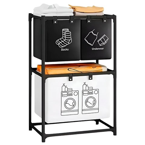 Cesto Triplo Organizador Roupas Sujas Estante Lavanderia