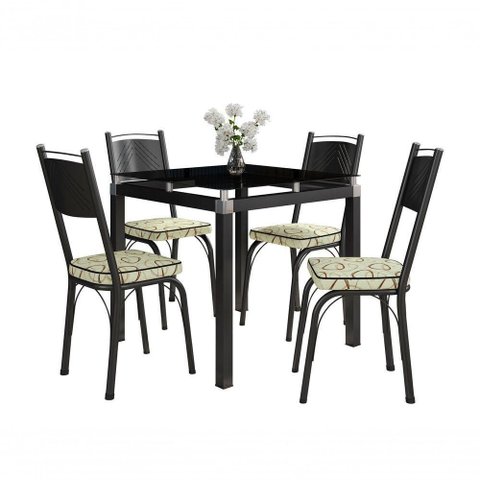 Conjunto Mesa de Jantar Malva 4 Lugares Tampo de Vidro 75cm Preto Assento Cedro Combo Stock