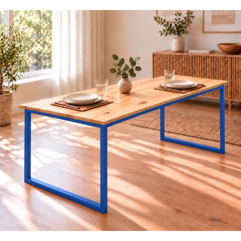 Mesa de Jantar Reforçada Industrial 190x50cm Tampo Bege Pés Azul