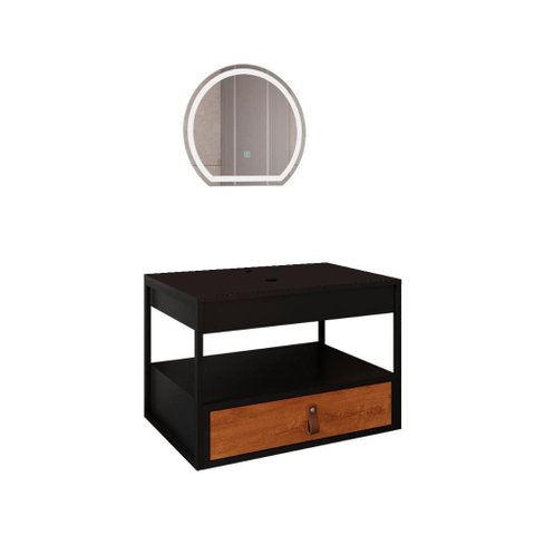 Gabinete Harley 1 Gaveta e Espelho Redondo Led 50cm Bivolt Preto/nature