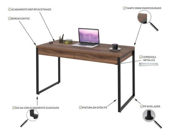 Mesa Escritório Office Estilo Industrial 1,10M com 2 Gavetas - 3