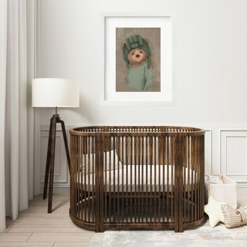 Quadro Quarto Bebê Retrô Urso Verde- 60x48cm:moldura Branca