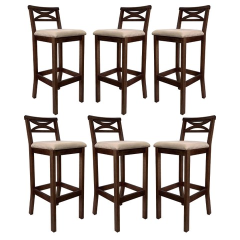 Kit 6 Banquetas Alta Estofada para Bancada Madri Madeira Capuccino Suede Bege Ccs