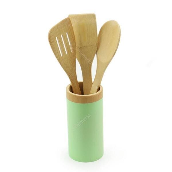Kit de Utensílios de Bambu com Pote Soft 3 Peças Verde - 1