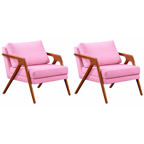 Kit 02 Poltronas Decorativa Mona Luxo Base de Madeira Maciça Sala Recepção Veludo Rosa Claro Eli Móv