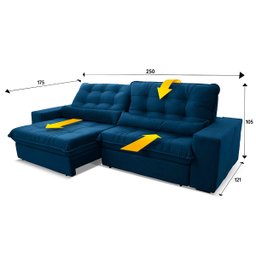 Sofá Retrátil/Reclinável Zurique 2,50M Suede Velut Azul Marinho com Molas No Assento - 3