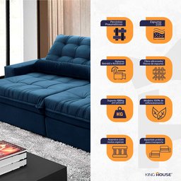 Sofá Retrátil/Reclinável Zurique 2,50M Suede Velut Azul Marinho com Molas No Assento - 6