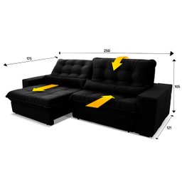 Sofá Retrátil/Reclinável Zurique 2,50M Suede Velut Preto com Molas No Assento - King House - 3