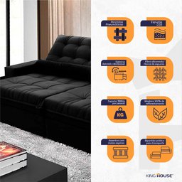 Sofá Retrátil/Reclinável Zurique 2,50M Suede Velut Preto com Molas No Assento - King House - 6