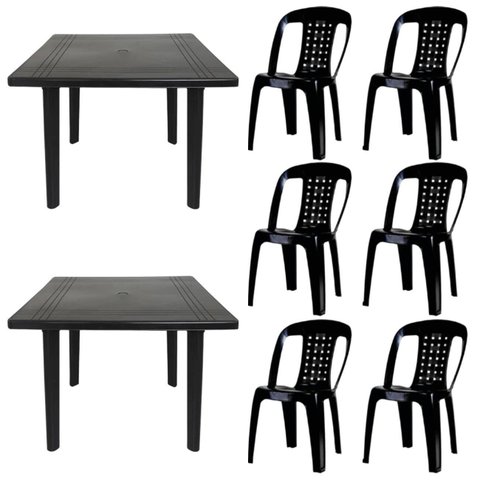 2 Mesas Quadradas Desmontáveis de Plástico 90cm Preta + 6 Cadeiras Vime Empilhável