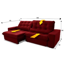 Sofá Retrátil/Reclinável Zurique 2,50m Suede Velut Vermelho c/ Molas no Assento - King House - 3