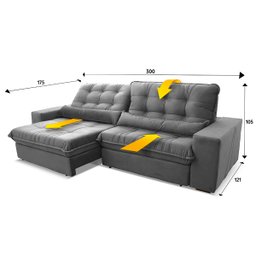 Sofá Retrátil/Reclinável Zurique 3,00m Suede Velut Cinza c/ Molas no Assento - King House - 3