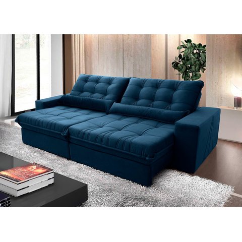 Sofá Retrátil/reclinável Zurique 2,70m Suede Velut Azul Marinho C/ Molas no Assento