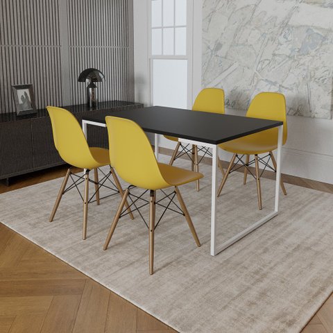 Mesa Industrial Base Ferro Branco Tampo 137x90 Preto 4 Cadeiras Eames Madeira Assento Amarelo