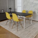 Ver imagem 1 de Mesa Industrial Base Ferro Branco Tampo 137x90 Preto 4 Cadeiras Eames Madeira Assento Amarelo