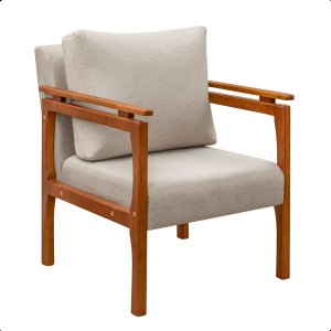 Poltrona Sala Decorativa Dallas Estofada Linho Bege Base Madeira Castanho