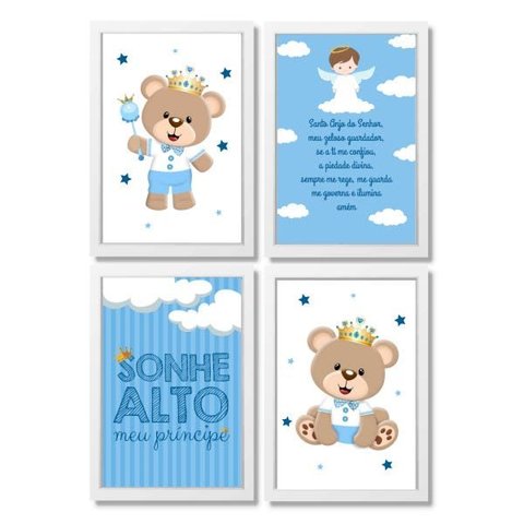 Kit com 4 Quadros Decorativos do Tema Ursinho Príncipe