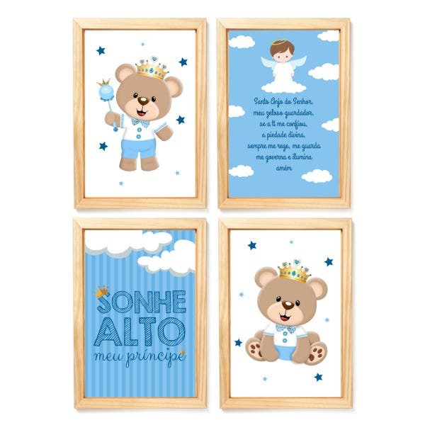 Kit com 4 Quadros Decorativos do Tema Ursinho Príncipe