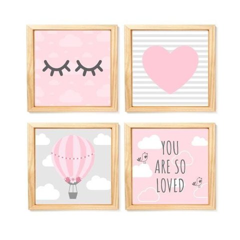 Kit com 4 Quadros Decorativos - Balão - Nuvens