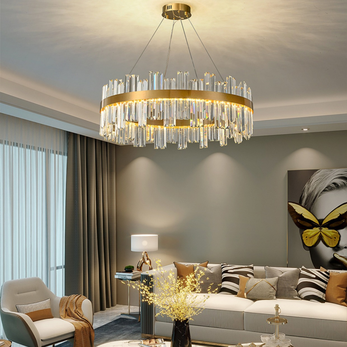 Ver imagem 4 de Lustre Pendente Teto 130cm X 57cm Led 3 Cores 128 Cristais Redondo Gimpo Kjdd-l-392-60cm