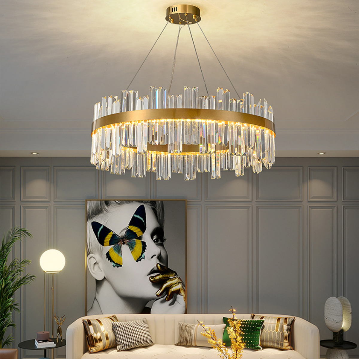 Ver imagem 3 de Lustre Pendente Teto 130cm X 57cm Led 3 Cores 128 Cristais Redondo Gimpo Kjdd-l-392-60cm