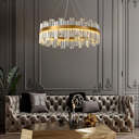 Ver imagem 1 de Lustre Pendente Teto 130cm X 57cm Led 3 Cores 128 Cristais Redondo Gimpo Kjdd-l-392-60cm