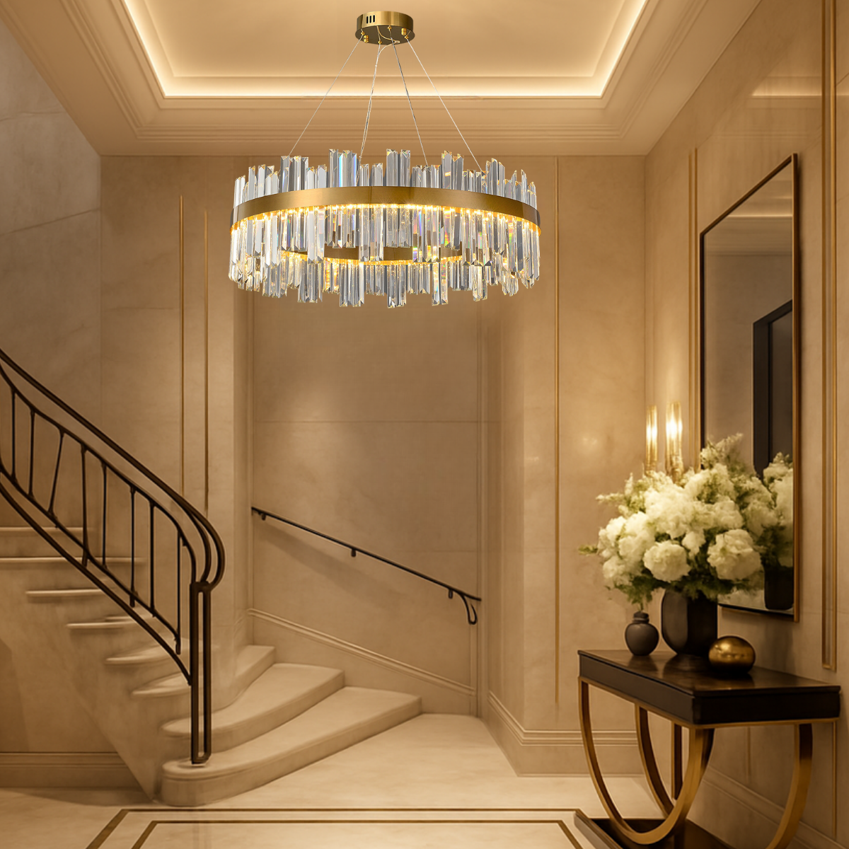Ver imagem 6 de Lustre Pendente Teto 130cm X 57cm Led 3 Cores 128 Cristais Redondo Gimpo Kjdd-l-392-60cm