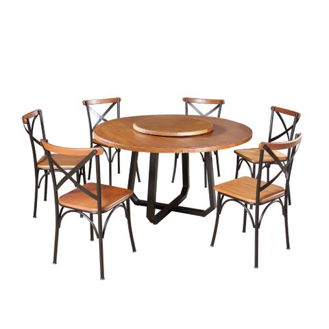 Mesa Jantar Redonda Prato Giratório Clarisse 1,60m Madeira 6 Cadeiras Paris Base Alumínio Castanho