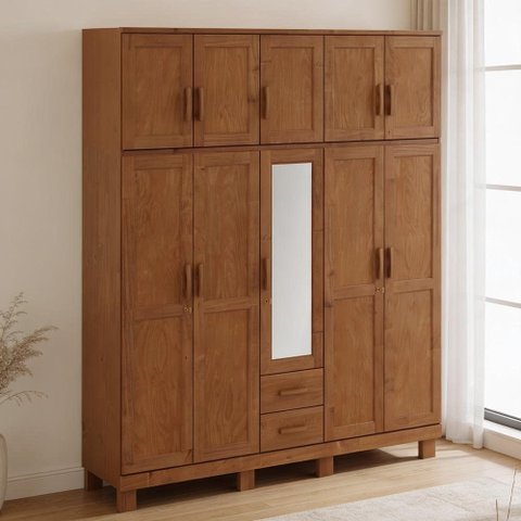 Guarda Roupa Casal com Espelho 10 Portas 2 Gavetas Madeira Maciça Lorie F06 Castanho - Lyam Decor