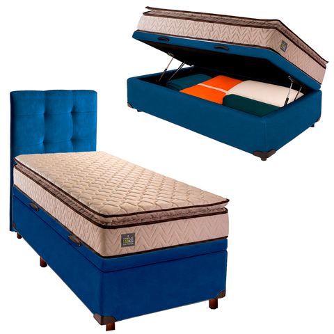 Cama Box Bau com Colchão Solteiro Belmont Hellen + Cabeceira Azul